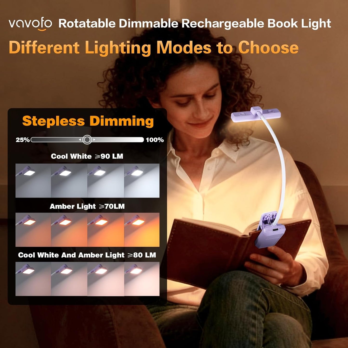 VAVOFO Rechargeable Book Light Rotatable：24 LEDs Reading Light, 3-Color & 9-Brightness Book Lamp, Eye Cared 120Hrs Runtime Lightweight Clip on Led Light for Book Lovers (Black)