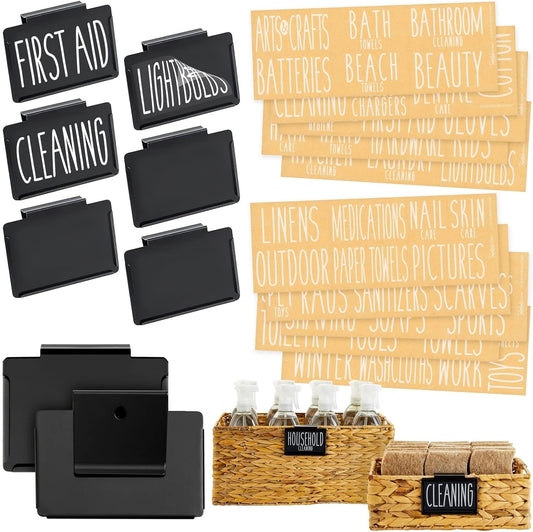 Talented Kitchen Bin Labels Clip-On Metal Basket Holders - Black, 8-Pack, 3.5 x 2.5 in - Kitchen Storage Organization & Bathroom Bin Label Clips - 70 Organizing Tags for Linen Closet