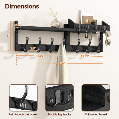 Evermagin 29" Coat Rack Wall Mount with Shelf & 11 Hooks, Entryway, Black | Wooden Wall Mounted Coat and Key Rack with Hooks, Key Hanger with Mail Holder for Living Room, Mudroom, Bedroom