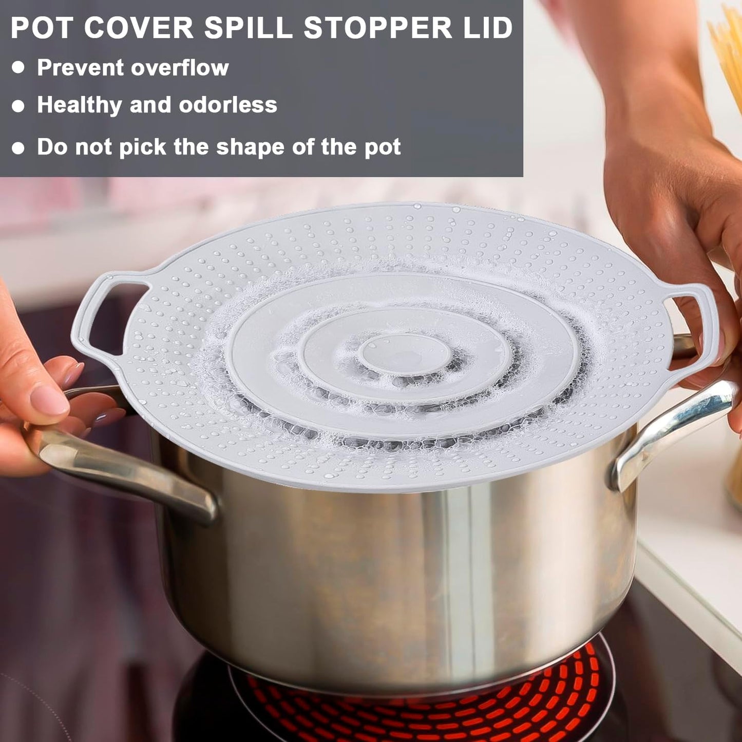 Pot Cover Spill Stopper Lid, Thicken Silicone Boil Over Spill Safeguard, Lid Cover Fits Openings 8" to 11.5" in Diameter for Pots And Pans, Instant Pot Cover-Gray