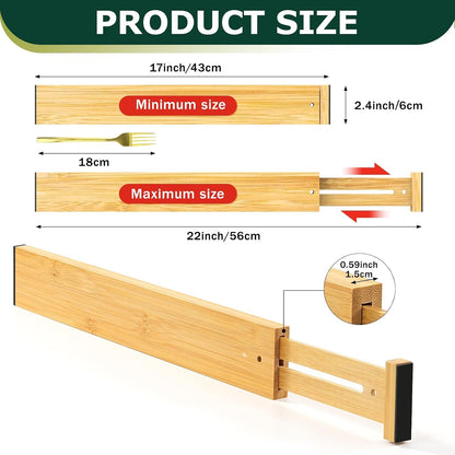 Kitchen Drawer Dividers 6 Pack Bamboo Drawer Organizers | 17-22" Adjustable, Spring Loaded, Expandable Utensil Organizer, Works in Kitchen, Dresser, Closet, Bathroom, Bedroom