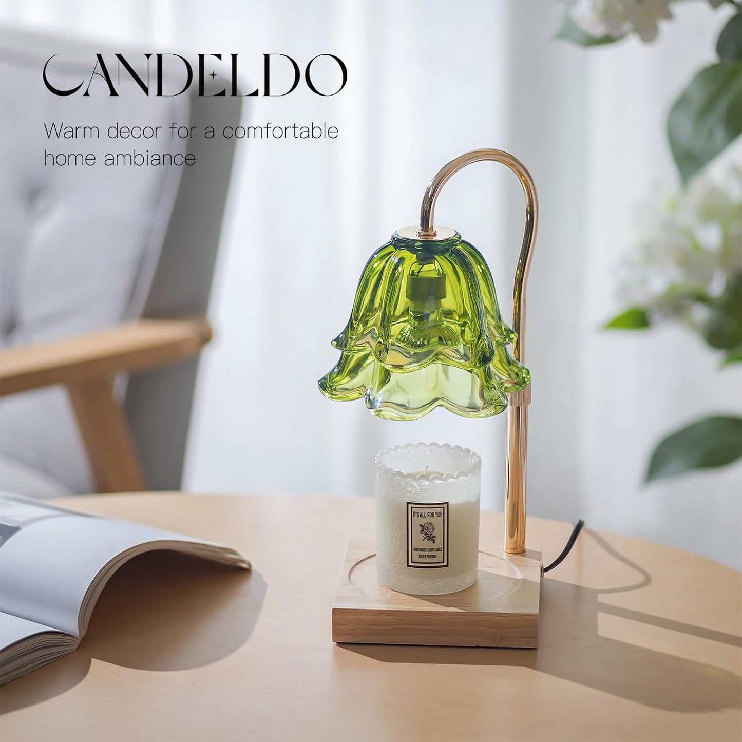 Candeldo Candle Warmer Lamp with Timer, Gold Flower Glass Shade | Height Adjustable, Dimmable, Fits 3-Wick Candles and Wax Melts, Ideal for Bedroom Decor, Birthday Gifts for Women