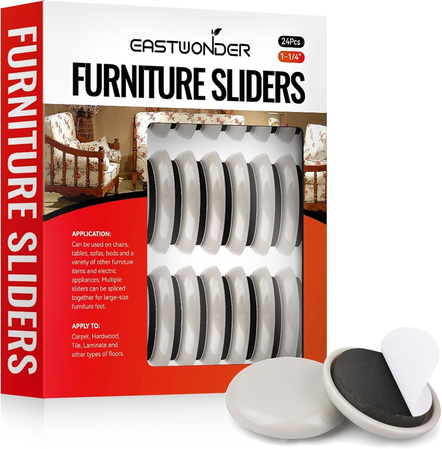 1-1/4" Upgraded Furniture Sliders for Carpet & Hardwood Floors | 24 PCS Self Adhesive Chair Leg Glides, Appliance Sliders, Easy Movement, Floor Protection