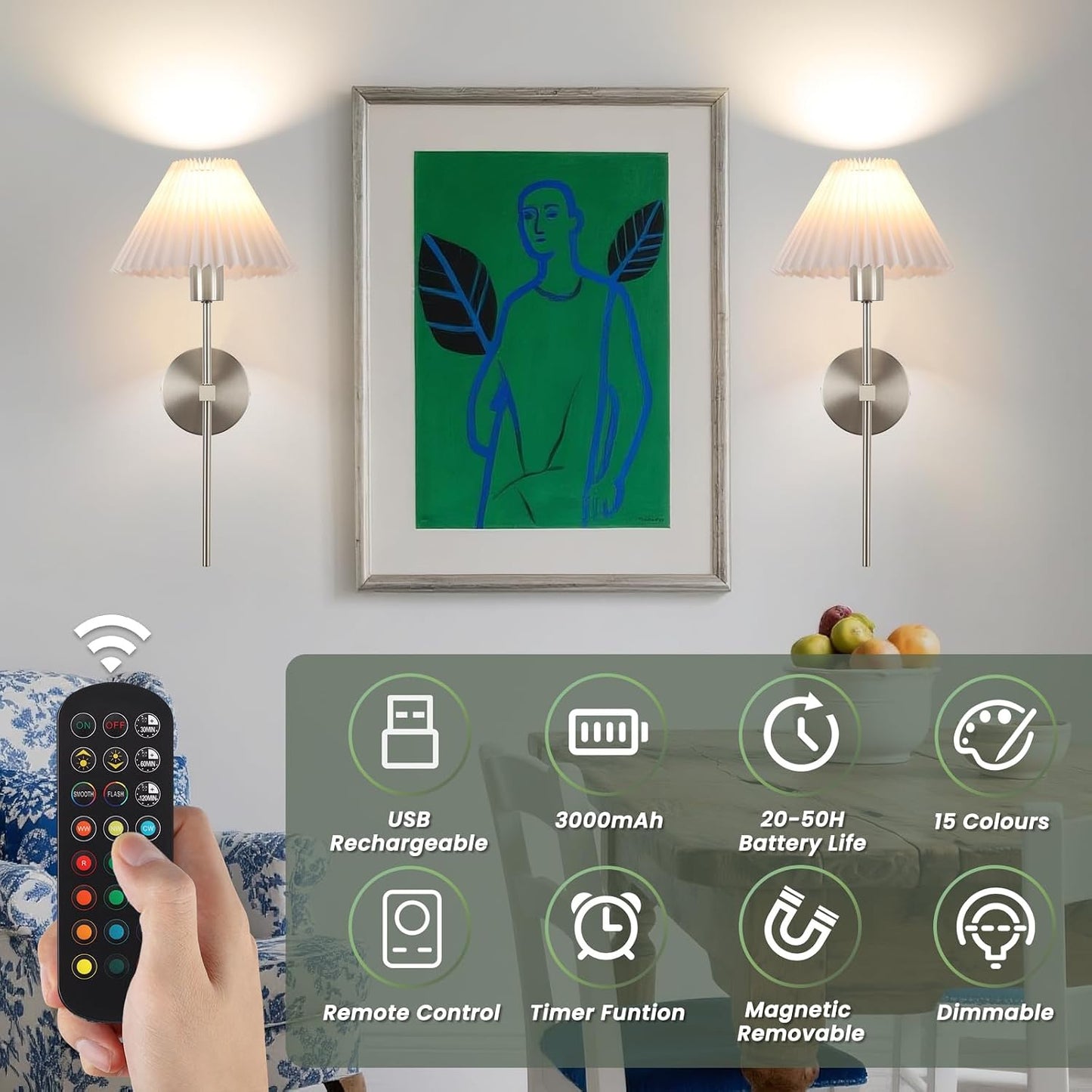Rechargeable Battery Operated Wall Sconce Sets of 2, 15 Colors Wireless gooseneck Black Wall Lights Fixture with Dimmable Bulbs and Remote, Not Hardwired Wall Mounted Lamps for Bedroom Living Room