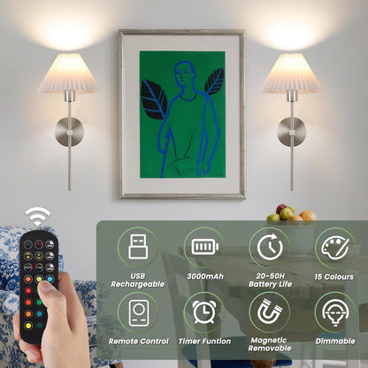 Rechargeable Battery Operated Wall Sconce Sets of 2, 15 Colors Wireless gooseneck Black Wall Lights Fixture with Dimmable Bulbs and Remote, Not Hardwired Wall Mounted Lamps for Bedroom Living Room