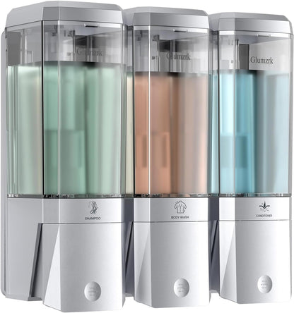 Shampoo and Conditioner Dispenser 3 Chamber No Drill Shower Soap Dispenser Wall Mounted Shampoo Conditioner Body Wash Dispenser 3 * 500ml Refillable Shower Dispenser for Bathroom Hotel, Silver