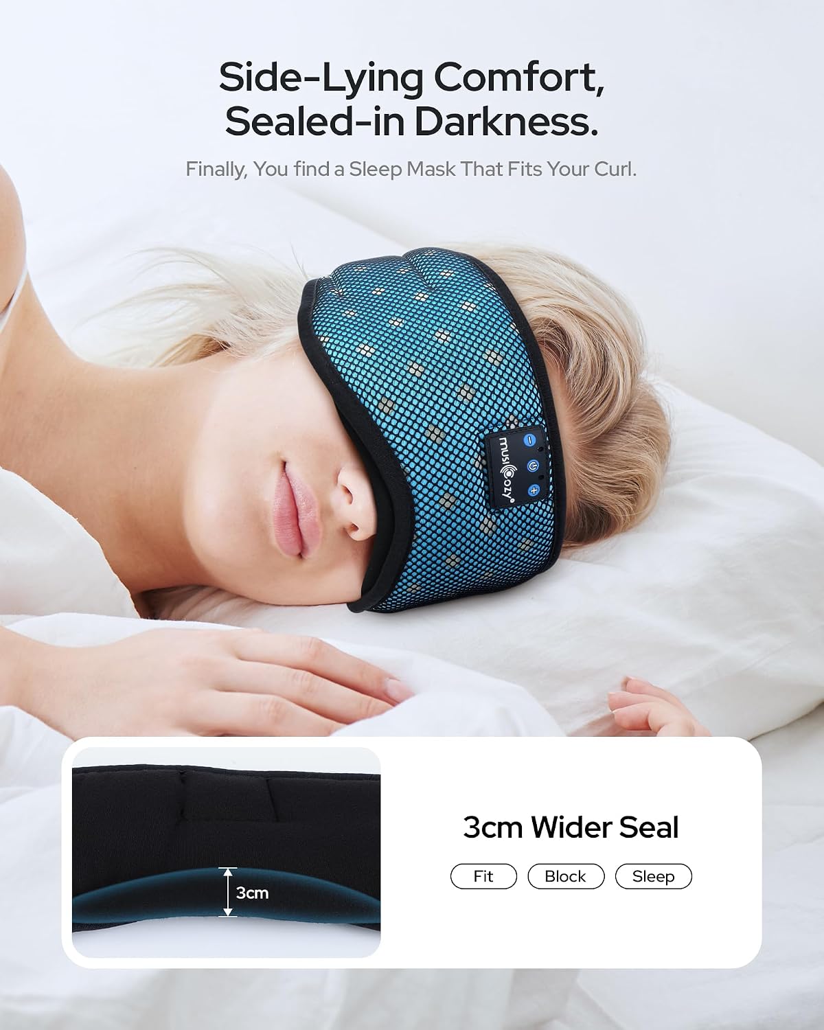 MUSICOZY Bluetooth Sleep Mask Headphones for Side Sleepers | Soft Mesh Eye Masks With Ultra-Thin Speakers, HD Audio, Comfortable Fit For Sleeping, Travel and Relaxation