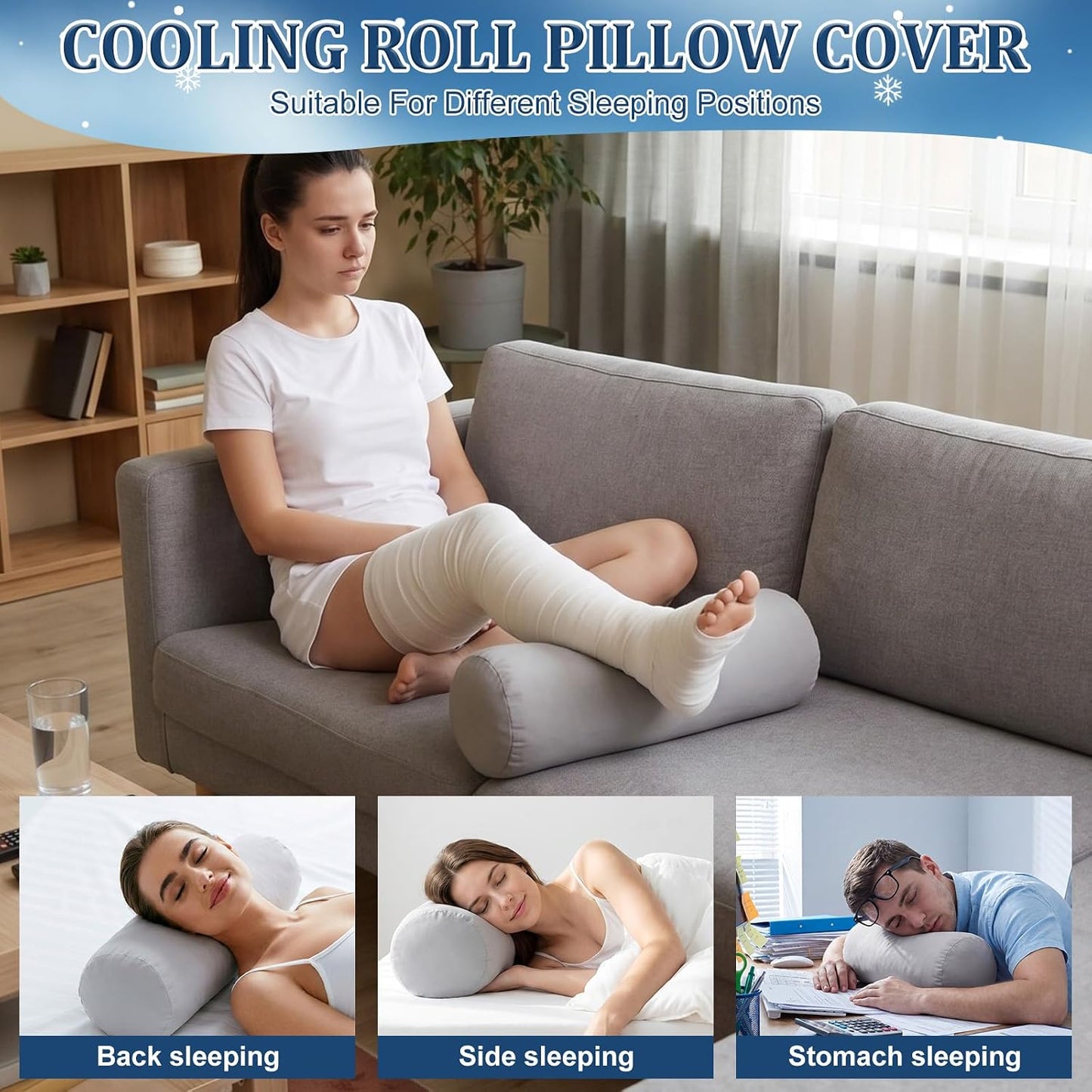 Newwiee 2 Pcs Cooling Cervical Neck Roll Pillow Cover with Zipper (Pillow Case Only) 16 x 6 Inch Round Neck Roll Pillowcover Breathable Cylinder Soft Bolster Pillowcase for Cylindrical Cushion, Gray