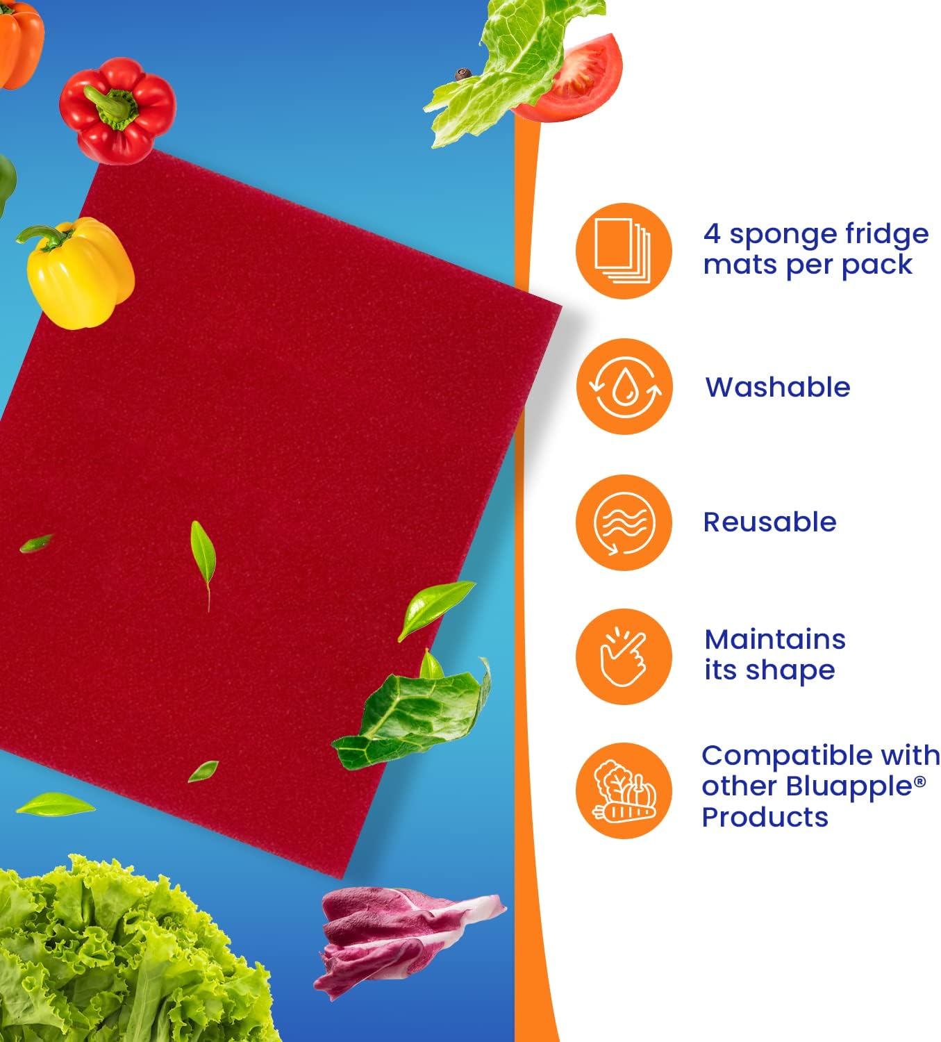 Bluapple FreshMats - Refrigerator Bin Liners, Fridge Drawer Mats - Keeps Produce Fresh Longer, Prevents Bruising, Promotes Air Circulation - BPA-Free Polyurethane Foam - (4-Piece Set, 12"x15", Green)