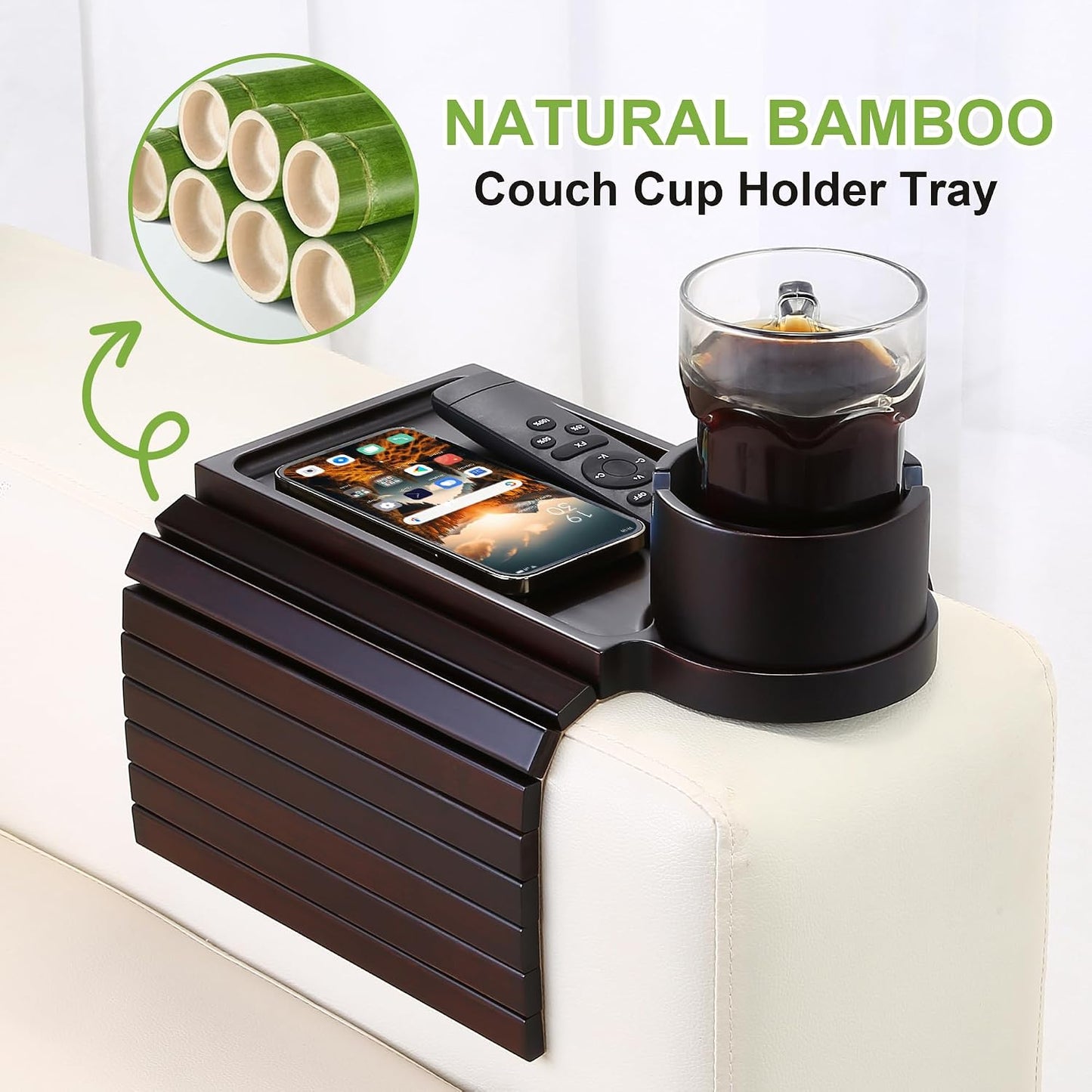 Couch Cup Holder - 3 in 1 Sofa Arm Tray with 360° Rotating Cup Holder & Phone Stand,Arm Chair Rest Table Fits Various of Large Width Couches Armrest,Anti-Slip Foldable Couch Tray for Drinks