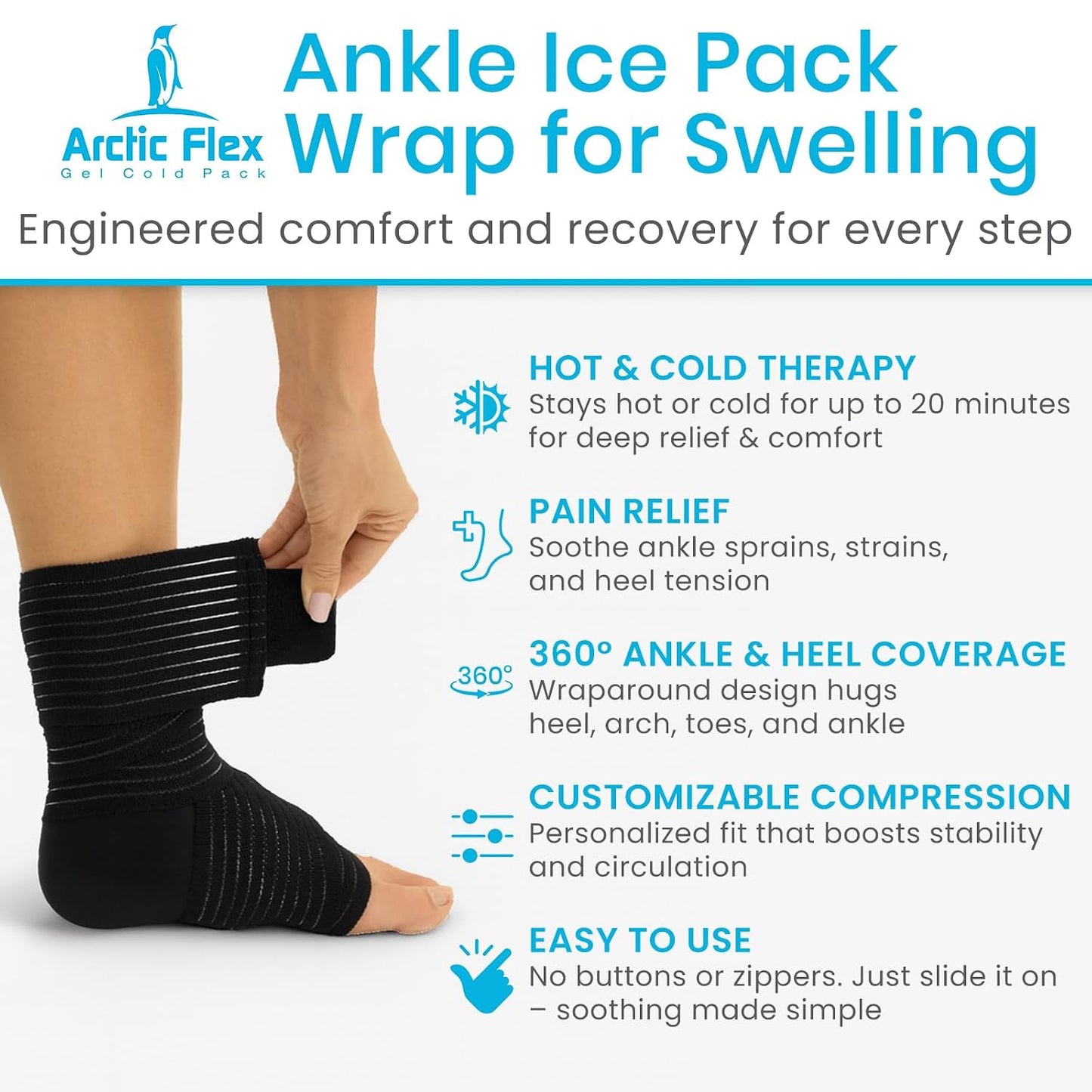 Vive Arctic Flex Ankle Ice Pack Wrap for Swelling - Adjustable Hot & Cold | Gel Compression for Foot & Heel Injuries Reusable, Pain Relief, Reusable Cooling Therapy