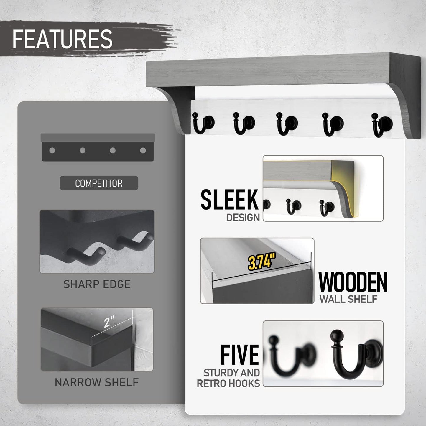 Rebee Vision Key Holder Wall Mount with 5 Hooks for Entryway, Retro Brown | Display Shelf for Plant & Letters, Key Shelf for Hats, Dog Leashes, Mail Organizer, Decorative Entryway & Living Room