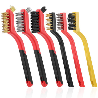 Wire Brush for Cleaning, Small Brass Steel Nylon Brush, Metal Rust Remover | 6 Pcs, Rust/Grease/Paint Removal on Metal/Wood/Grill, Curved Head for Tight Spots, with Hang Hole, Ergonomic Handle, 7 in