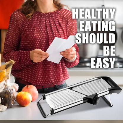 Mandoline Slicer for Kitchen, Adjustable Vegetable Slicer | Adjustable stainless steel blade slices potato, onion and tomato evenly; food holder and gloves help make kitchen prep safer.