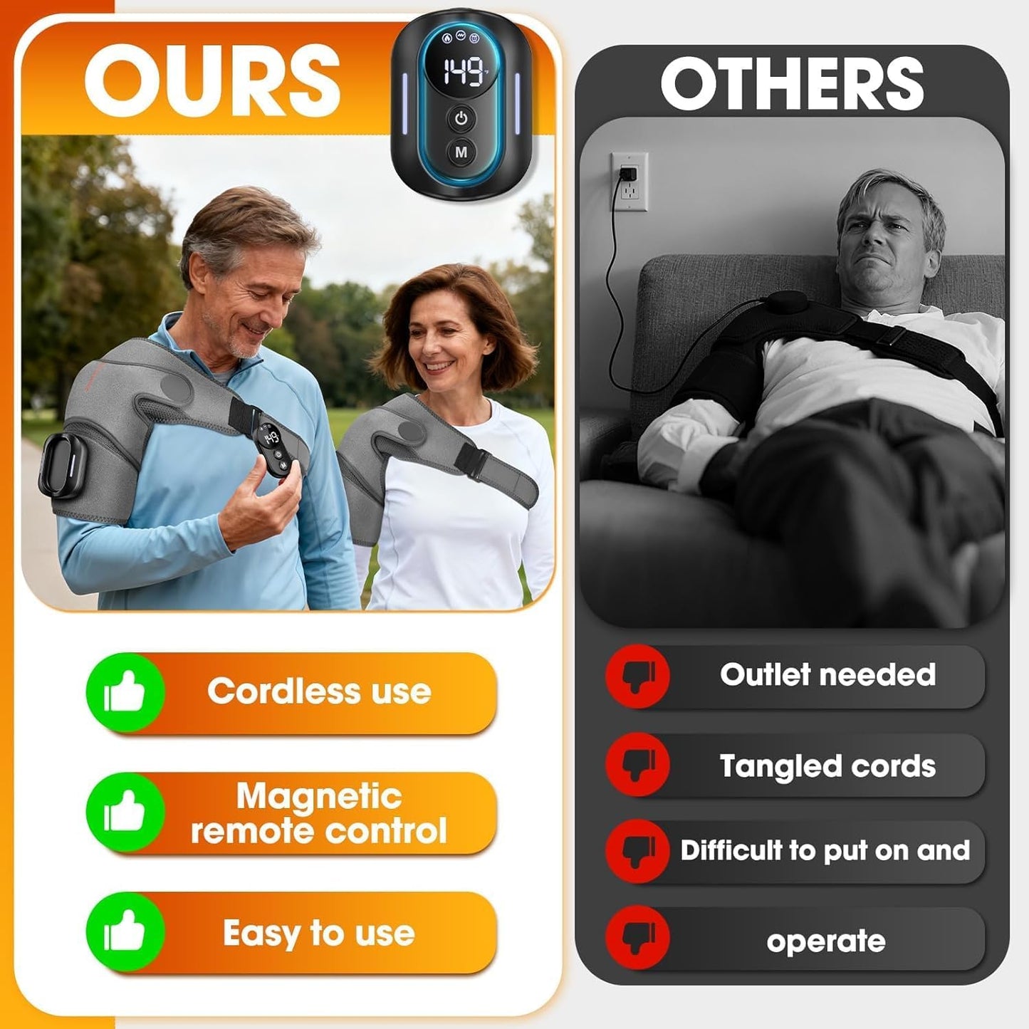 Cordless Shoulder Heating Pad with Massage & Magnetic Remote Control | Heated Shoulder Wrap for Pain Relief, Shoulder Massager for Rotator Cuff, 5 Heats & 5 Vibrations, 3 Auto Shut-Off Timers