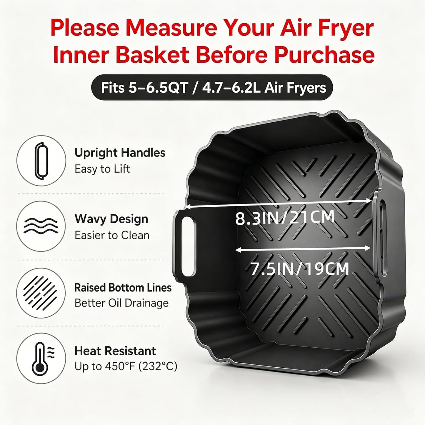 2 Pack Square Silicone Air Fryer Liners,8.5 Inch Air Fryer Liners for COSORI 5-6.5 QT,Reusable Silicone for Air Fryer Basket,Compatible with Ninja AF141 181,COSORI,Chefman& More