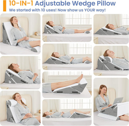 Sasttie Adjustable Wedge Pillow Set for After Surgery, Dark Grey & White | Bed Wedge Pillow Headboard with Memory Foam Neck Cushion, for Acid Reflux, Sleeping, Neck & Back Support