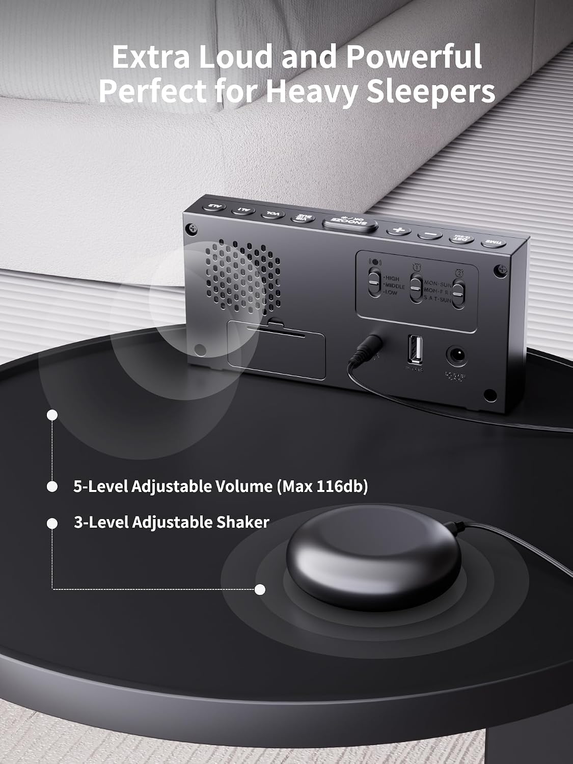 ROCAM Loud Vibrating Alarm Clock with Bed Shaker, Bed Shaker Alarm Clock for Heavy Sleepers/Hearing Impaired/Deaf, Dual Alarm with Weekday/Weekend Mode, Large Display Digital Clock with Dimmer, Snooze