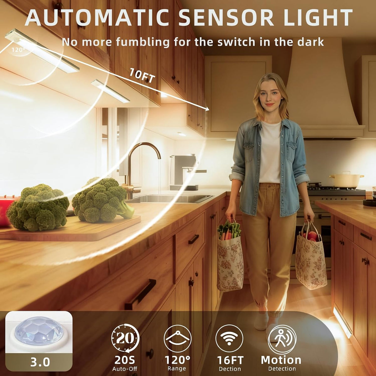 4 Pack Under Cabinet Lighting, Rechargeable Motion Sensor Light Indoor, Wireless Dimmable Magnetic Closet Lights, 32 LED Under Counter Lights for Kitchen, Wardrobe, Stairs, White Light