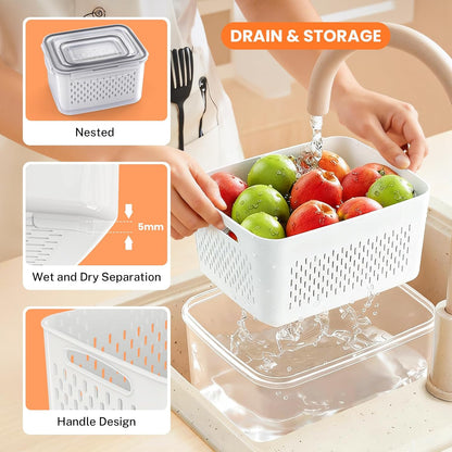 8 Pieces Fruit Storage Containers for Fridge with Lids and Strainer | 4Pack Fruit Containers for Fridge, Fresh Produce Saver Keeper for Vegetable Fruit Salad, BPA Free Organizer for Refrigerator