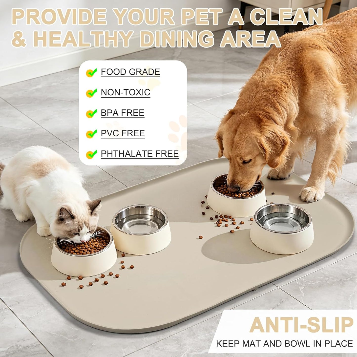 SMILOOL Waterproof Silicone Pet Food Mat with Raised Edge for Dog & Cat | 19" x 12" Non-Slip Pet Feeding Mats with Lip for Food & Water Bowl, Food Grade, Easy Cleaning, Black