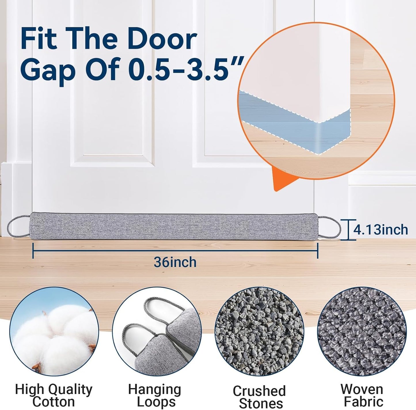 Door Draft Stopper, Heavy Duty Under Door Draft Blocker, Grey | 36’’ Weighted Door Seal, Gap Filler, Door Bottom, For Noise Light Cold Air, with Adhesive Strips, Bedroom Office Kitchen Home
