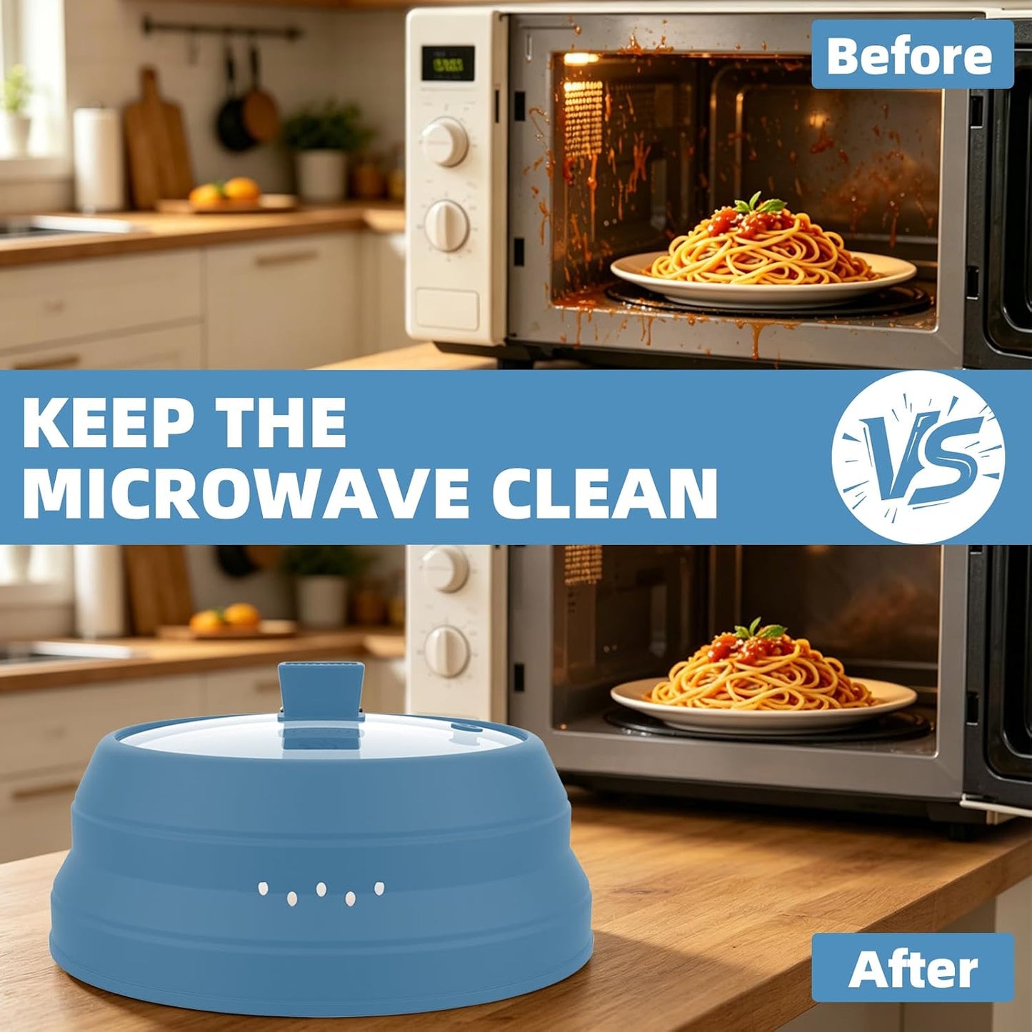 Microwave Splatter Cover Glass Guard Lid with Collapsible Silicone for Food Pot Plate Cover 9.8 inch Dark Blue