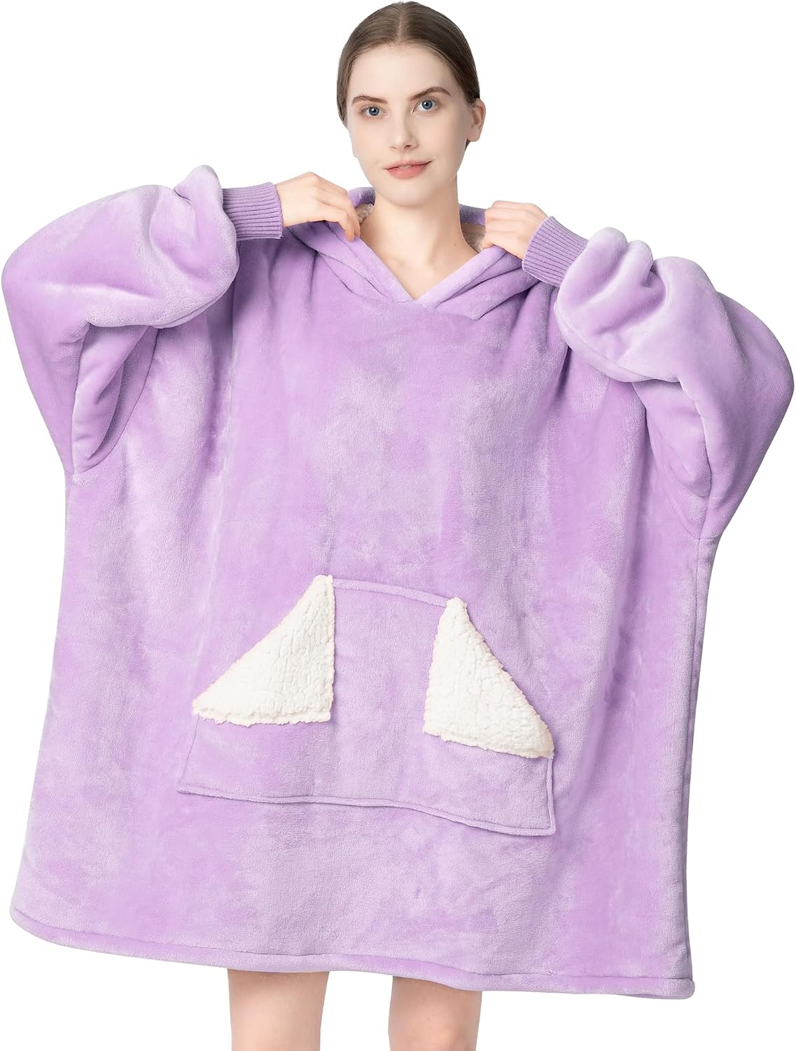 Wearable Blanket Hoodie, Oversized Sherpa Fleece Sweatshirt Blanket with Giant Hood Pocket and Sleeves for Adult, Warm & Cozy Grey Blanket Gifts for Women