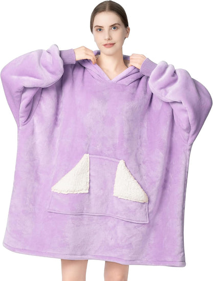 Wearable Blanket Hoodie, Oversized Sherpa Fleece Sweatshirt Blanket with Giant Hood Pocket and Sleeves for Adult, Warm & Cozy Grey Blanket Gifts for Women