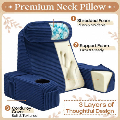 Reading Pillow/Backrest Pillow with Arms, Cup Holder & Phone Pocket | Bed Rest Pillow with Adjustable Headrest, Corduroy Fabric for Back Support in Bed/Sofa/Floor (Off-White, 19 INCH)