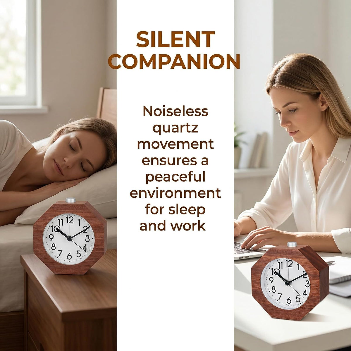 Wood Analog Alarm Clock 3'' Non-Ticking Backlight Battery Operated