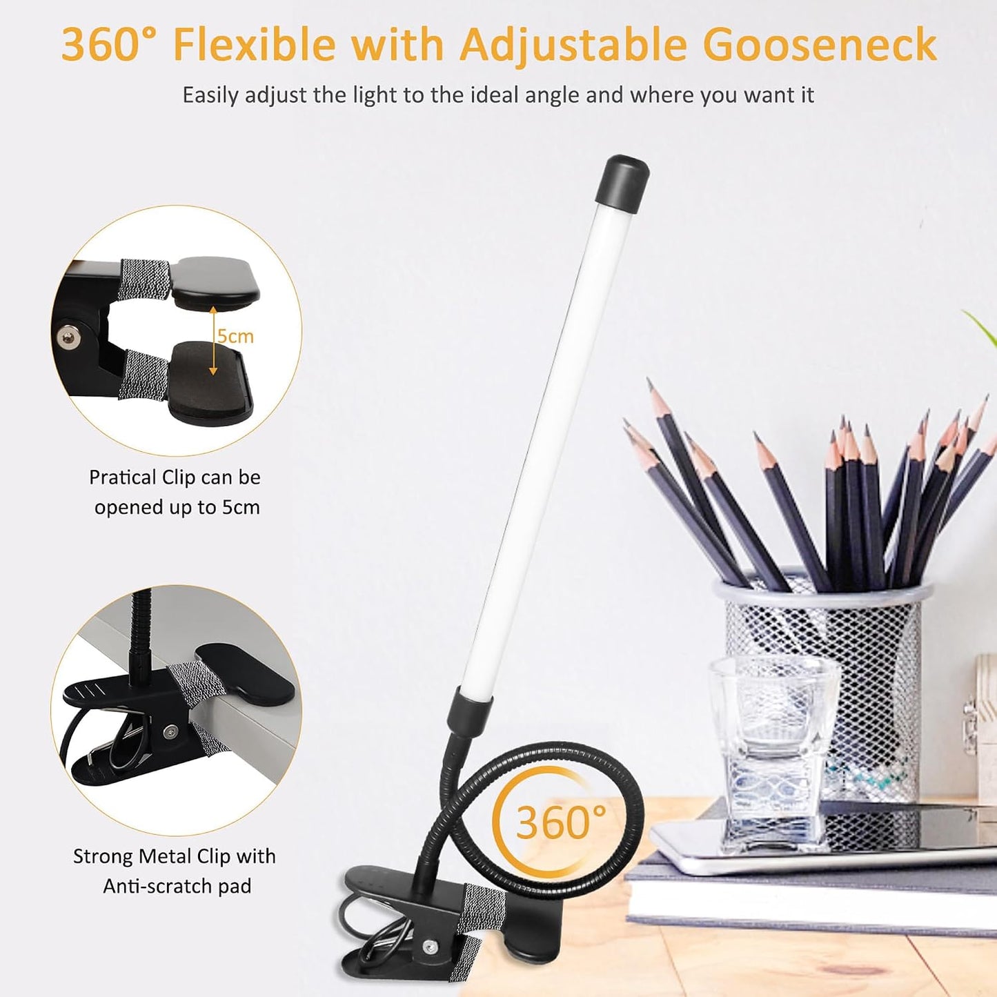 Clip on Desk Lamp with Clamp,Dimmable Eye Caring Book Reading Light for Bed | 54 LED 3 Color 10 Brightness, Push Button,USB Powered with Adapter, Flexible Gooseneck Clamp Lamp for Computer Workbench Nail