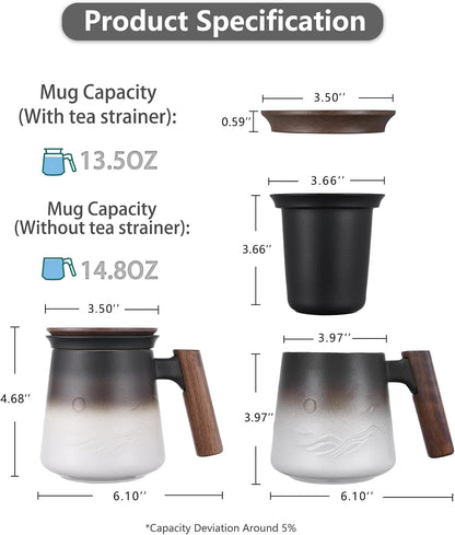 ZENS Tea Mug with Infuser and Lid for Loose Leaf Tea Steeper, 16.9oz Moss | Embossed Ceramic Tea Cup with Infuser for Herbal Tea Difussers, Tea Lovers Gifts, Nature Wood Handle