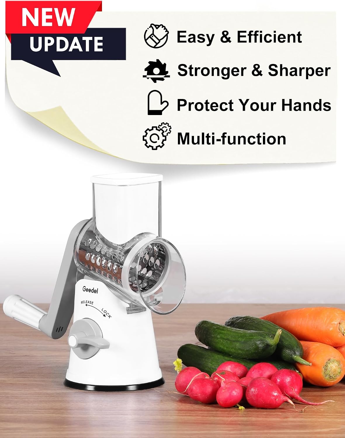 Geedel Rotary Cheese Grater, Kitchen Mandoline Vegetable Slicer with 3 Interchangeable Blades, Easy to Clean Rotary Grater Slicer for Fruit, Vegetables, Nuts | 3 Blades, 430 Stainless Steel, 12x Fast Cutting, Strong Suction Base, No BPA, Dishwasher Safe,