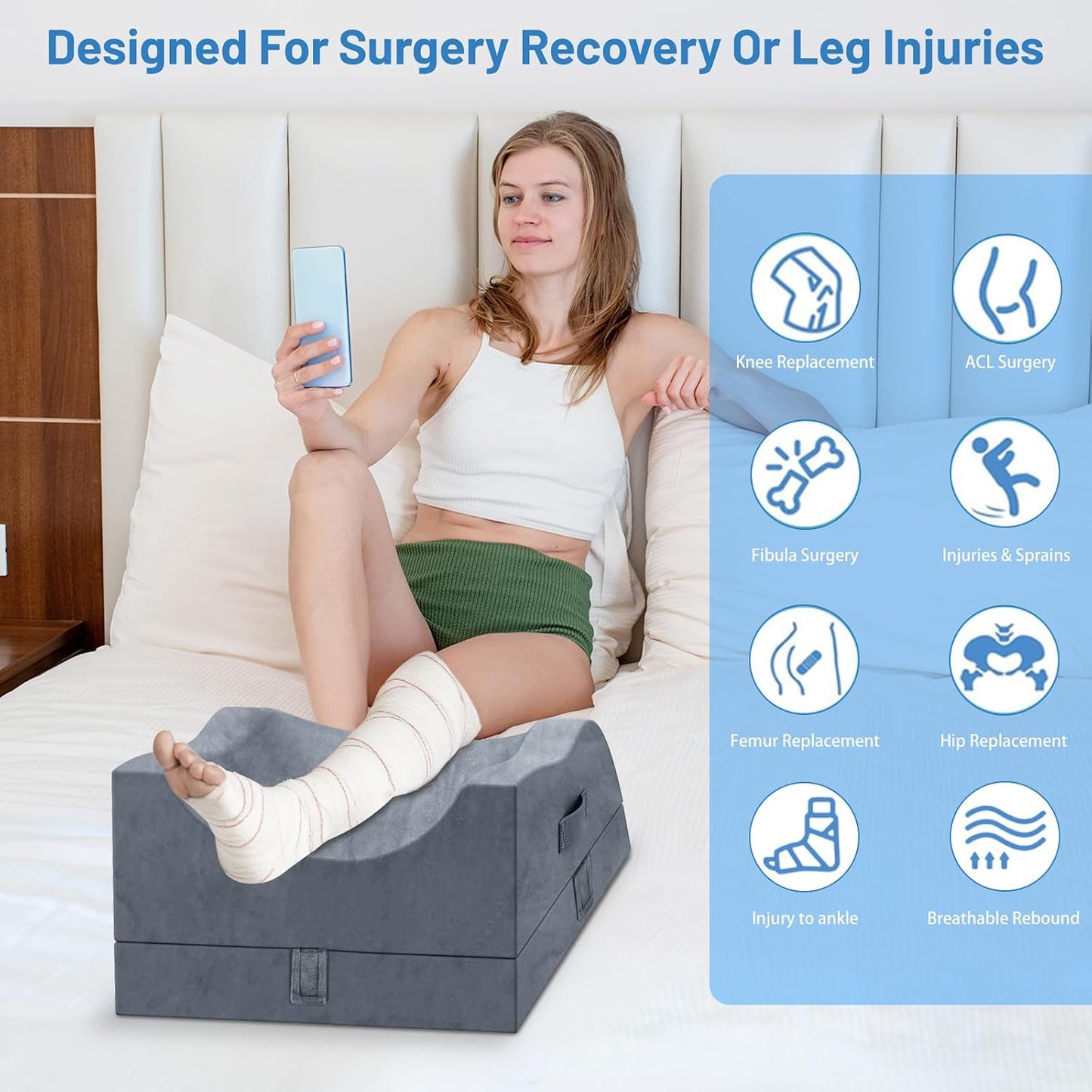 TranquilRelax Leg Elevation Pillow for After Surgery, Wedge Pillow, Grey | Single-leg design, adjustable height, U-shaped cradle, supportive memory foam, washable cover, leg elevation for swelling
