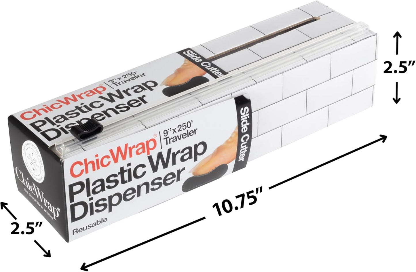 ChicWrap Subway Tile Plastic Wrap Dispenser - Includes 9"x250' roll | Small, Reusable Plastic Wrap Dispenser with Four Non-Slip Rubber Feet and Slide Cutter