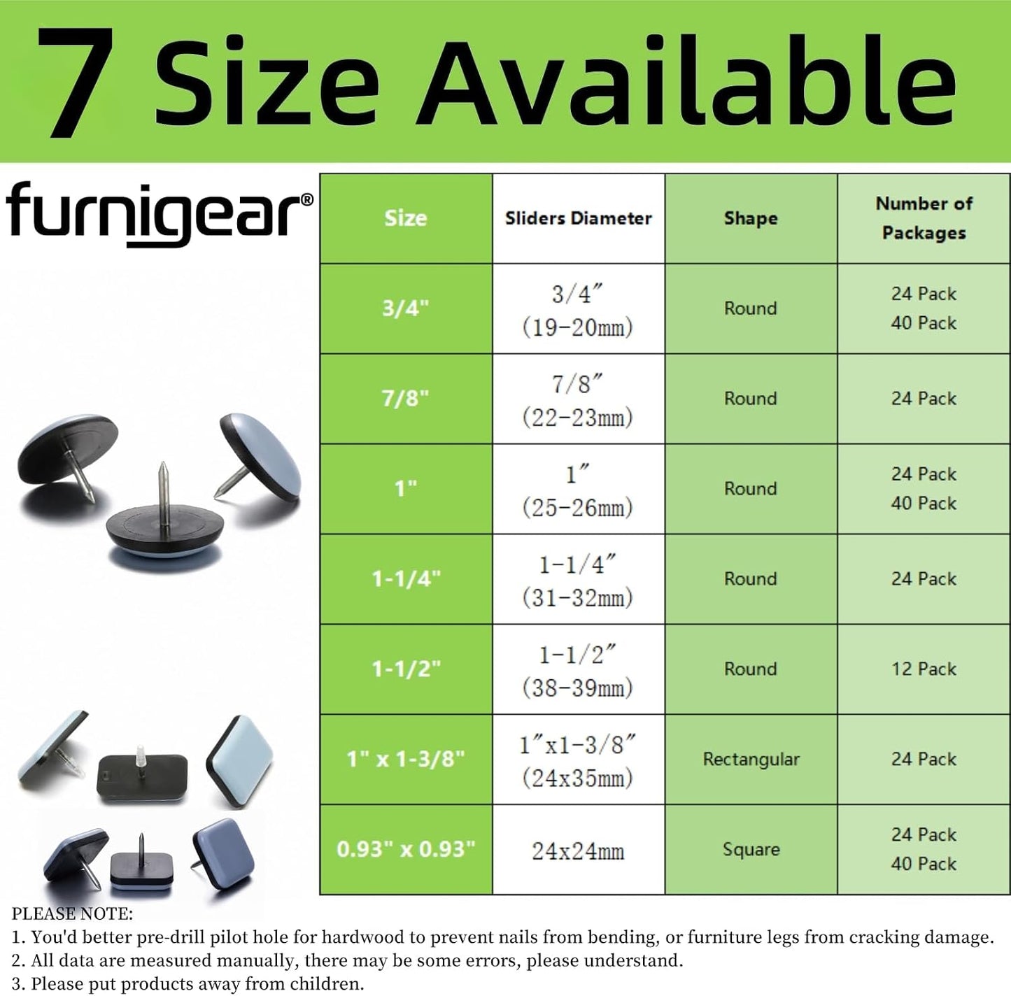 1" Nail on Furniture Sliders (24 Pack) - Furnigear Heavy Duty PTFE (Teflon) Chair Sliders Glides Wooden Furniture Movers Move Your Furniture Easily & Safety - Best Chair Leg Floor Protectors