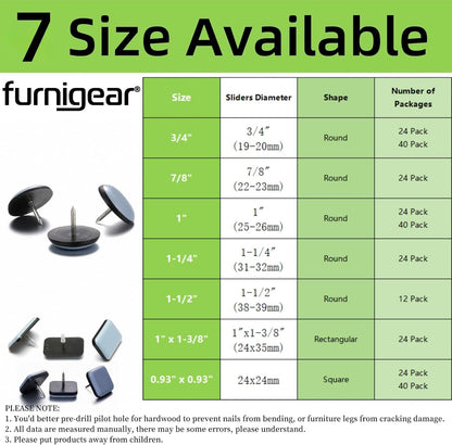 1" Nail on Furniture Sliders (24 Pack) - Furnigear Heavy Duty PTFE (Teflon) Chair Sliders Glides Wooden Furniture Movers Move Your Furniture Easily & Safety - Best Chair Leg Floor Protectors