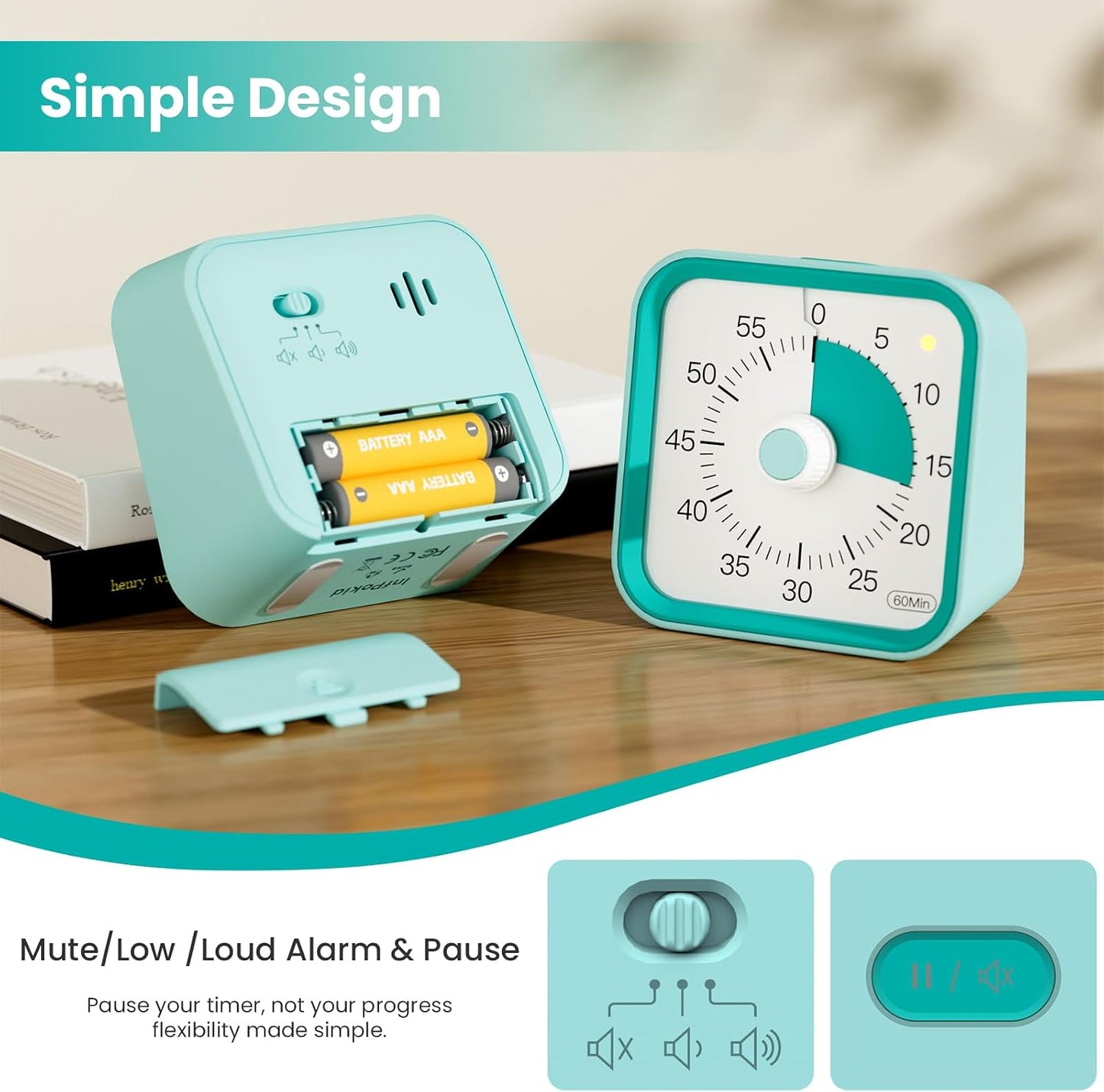 Visual Timer for Kids, Countdown Timer with Pause Function, White | Timer for Kitchen Cooking, Classroom, Study, Toddler, ADHD, Cute Timer Clock, Alarm 3 Volume Levels, Light Indicator