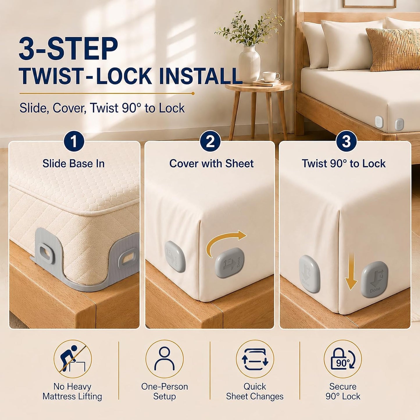 Bed Sheet Holders for Corners, 90° Quick-Lock Fitted Sheet Holder, 4-Pack | Fits 3.8-16 in. mattresses; Adjustable-base friendly; Clear corner access; One-person install; ABS, no metal teeth