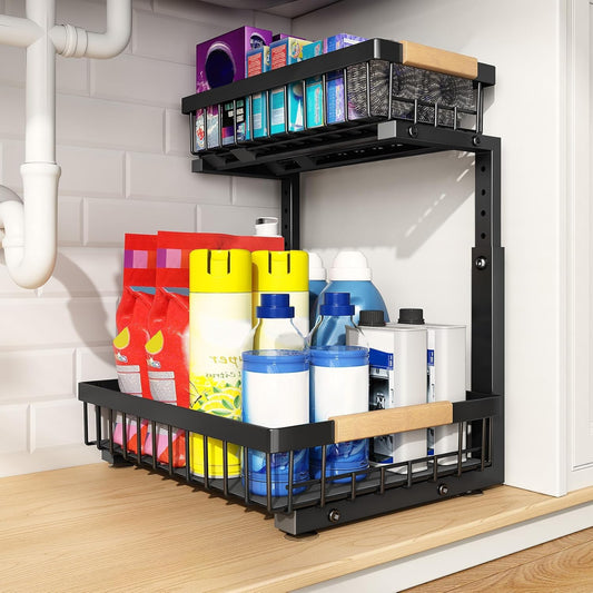 PXRACK Under Sink Organizer, Adjustable Height, 2 Tier Pull Out Under Cabinet Organizer, Slide Out Thickened Metal Under Sink Storage for Kitchen Bathroom Laundry Pantry Cabinet, White, Large-2-Pack