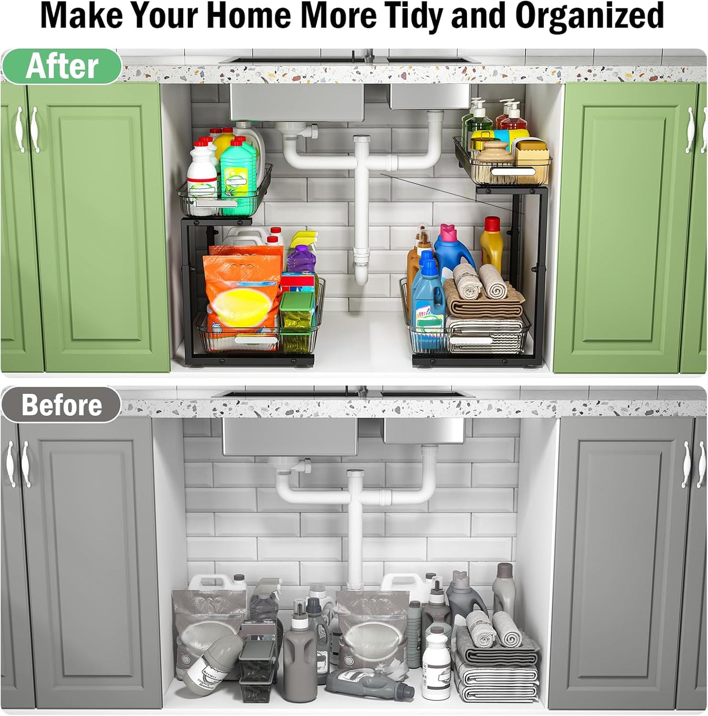 ARSTPEOE Under Sink Organizer - 2 Pack Multi-Purpose Pull-Out Storage Shelf | Slide out Pull out Cabinet Organizer Shelf, Storage for Kitchen Bathroom