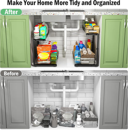 ARSTPEOE Under Sink Organizer - 2 Pack Multi-Purpose Pull-Out Storage Shelf | Slide out Pull out Cabinet Organizer Shelf, Storage for Kitchen Bathroom