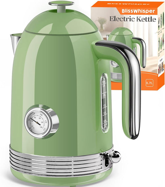 Electric Kettle, 1.7L Tea Kettle with Thermometer, Retro Green | 1500W Stainless Steel Hot Water Pot Kettle, Fast Boil Cordless Electric Kettle, Auto Shut-Off & Boil-Dry Protection