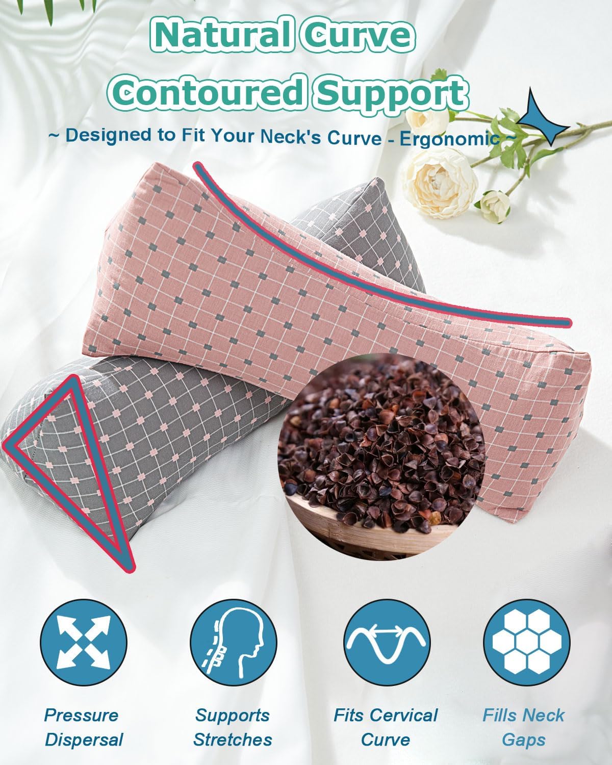 Cervical Buckwheat Neck Roll Pillow for Pain Relief, Firm Neck Support Bolster for Back Sleepers, Washable Cover, Ideal for Office Lunch Break, Blue 15 X 5 Inches