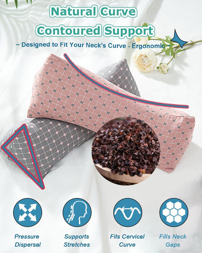 Cervical Buckwheat Neck Roll Pillow for Pain Relief, Firm Neck Support Bolster for Back Sleepers, Washable Cover, Ideal for Office Lunch Break, Blue 15 X 5 Inches
