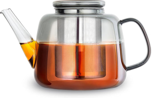 Easyworkz Borosilicate Glass Teapot 50oz with Large Stainless Steel Removable Loose Tea Infuser for Fruit Herbal and Infusion, Smoke Grey