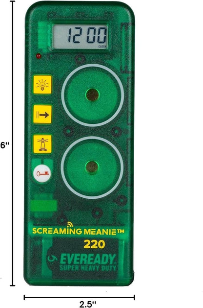 Screaming Meanie 220 Alarm Clock & Time for Deep Sleepers, Black | Extremely Loud Multi-Purpose Clock with three adjustable alarm volume levels (70, 90, and 120 dB), includes 9V battery.