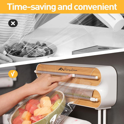 APSARAS USA 5 in 1 Bamboo Foil and Plastic Wrap Organizer for Kitchen Drawer, Ziplock Bag Organizer, Saran Wrap Dispenser with Cutter, Plastic Bag Organizer, Food Storage Bag Organization