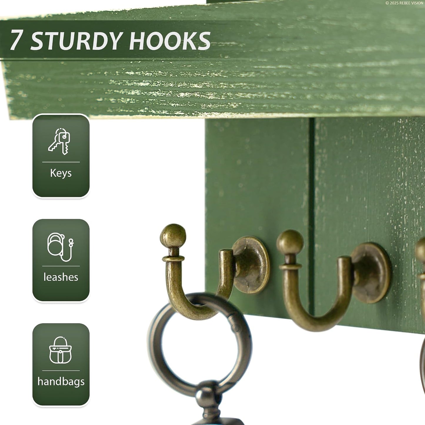 Rebee Vision Key Holder Wall Mount with 5 Key Hooks for Home Decor, Brown | 3.54'' x 10'' x 7.28'', Small Shelf for Display Plant, Key Hangers for Hat, Entryway Space-Saving Storage